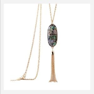 Long abalone stone gold tassel pendant